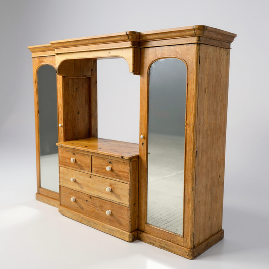Reclaimed Victorian pine double wardrobe with drawers and mirrors – large vintage storage armoire by Avego Antiques