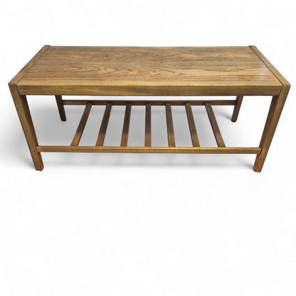 Close-up of vintage Remploy teak coffee table showing rich grain, clean lines, and smooth teak finish.