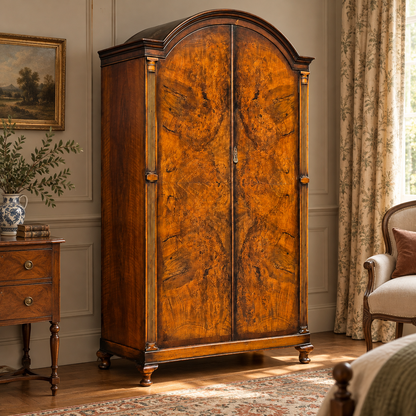 Late Victorian Burr Walnut Double Wardrobe with Arched Top