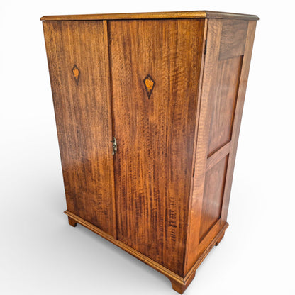 Antique Art Nouveau Gentleman’s Wardrobe | Mahogany Armoire with Floral Inlay | Compact Bedroom Wardrobe