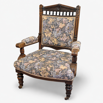 Antique Victorian Oak Nursing Chair Carved Armchair Upholstered Castors