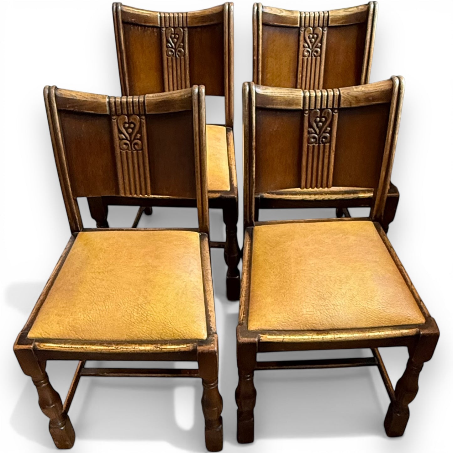 set of 4 antique art deco oak dining chairs front view