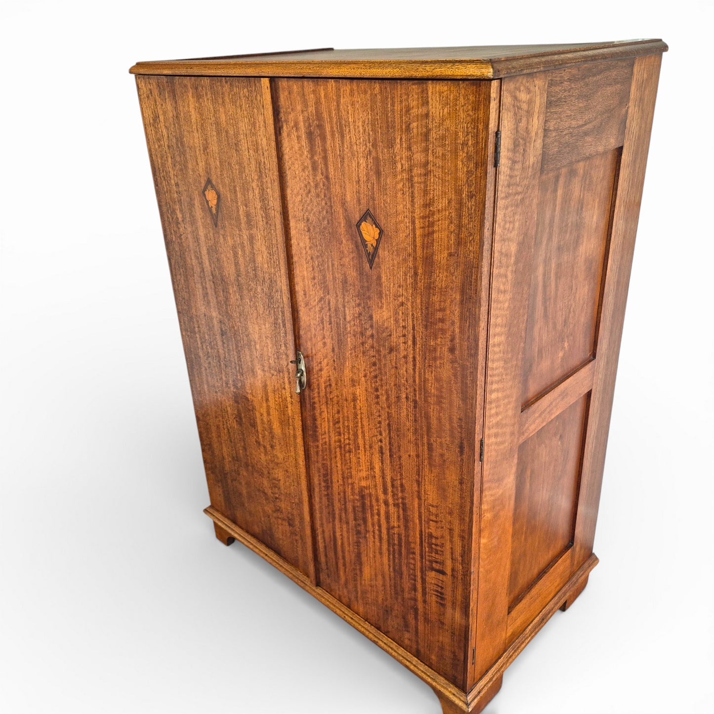 Antique Art Nouveau Gentleman’s Wardrobe | Mahogany Armoire with Floral Inlay | Compact Bedroom Wardrobe