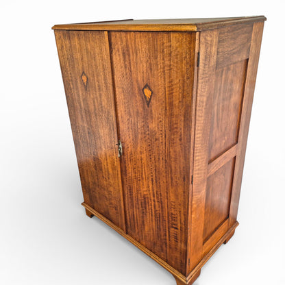 Antique Art Nouveau Gentleman’s Wardrobe | Mahogany Armoire with Floral Inlay | Compact Bedroom Wardrobe