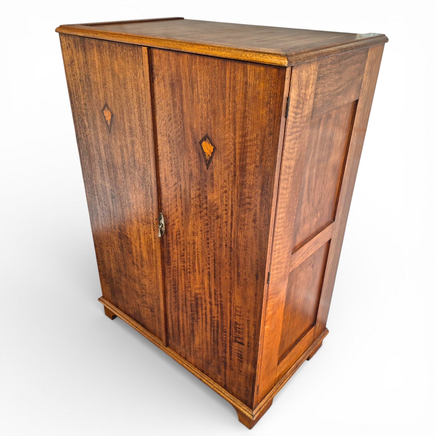 Antique Art Nouveau Gentleman’s Wardrobe | Mahogany Armoire with Floral Inlay | Compact Bedroom Wardrobe