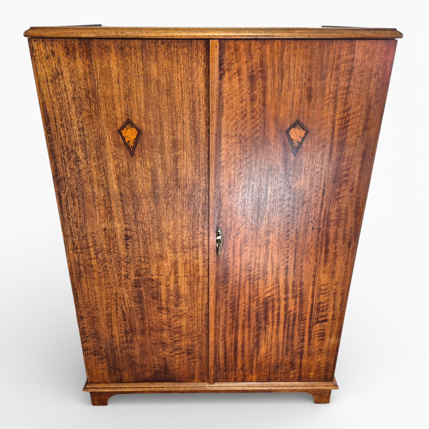 Antique Art Nouveau Gentleman’s Wardrobe | Mahogany Armoire with Floral Inlay | Compact Bedroom Wardrobe