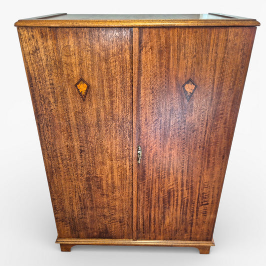 Antique Art Nouveau Gentleman’s Wardrobe | Mahogany Armoire with Floral Inlay | Compact Bedroom Wardrobe