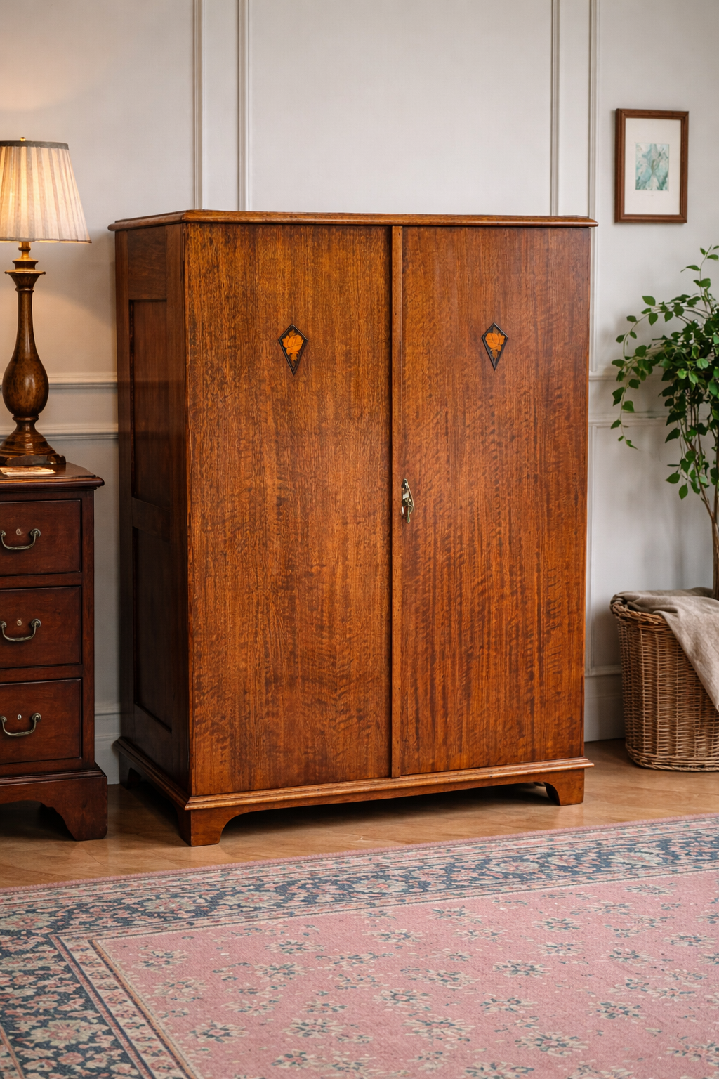 Antique Art Nouveau Gentleman’s Wardrobe | Mahogany Armoire with Floral Inlay | Compact Bedroom Wardrobe