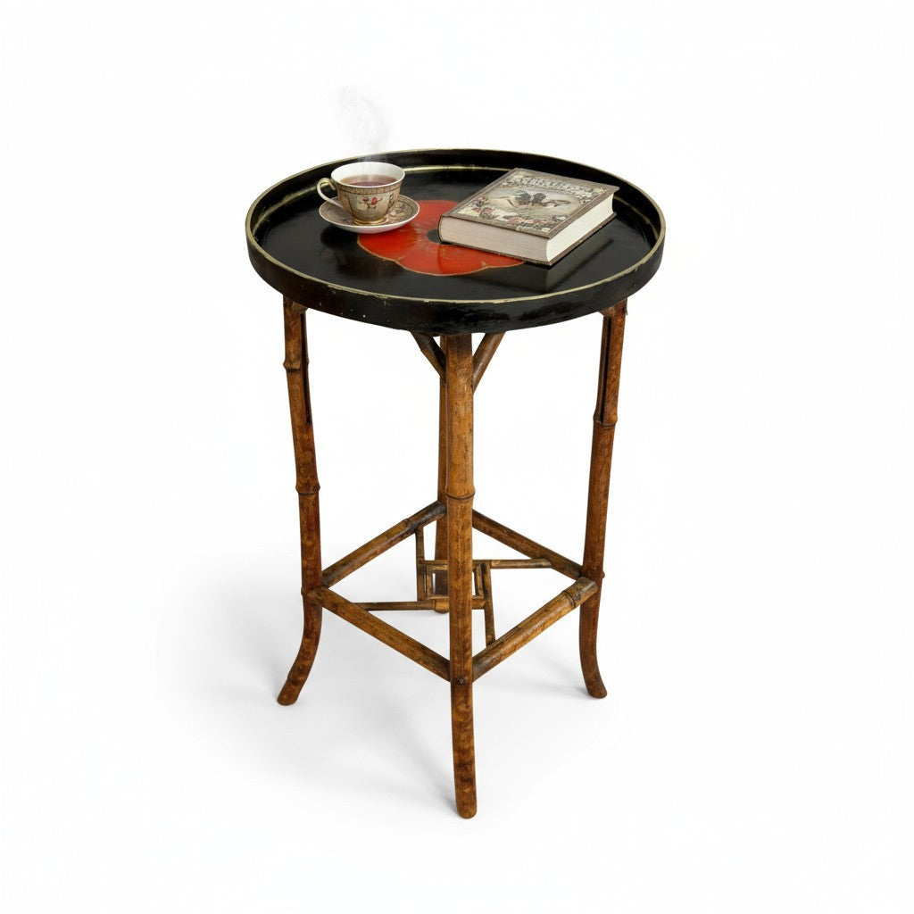 Antique bamboo side table – front view showing circular lacquered top with red poppy motif
