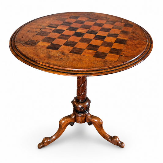 Antique burr walnut chess table with inlaid checkerboard top and turned pedestal base