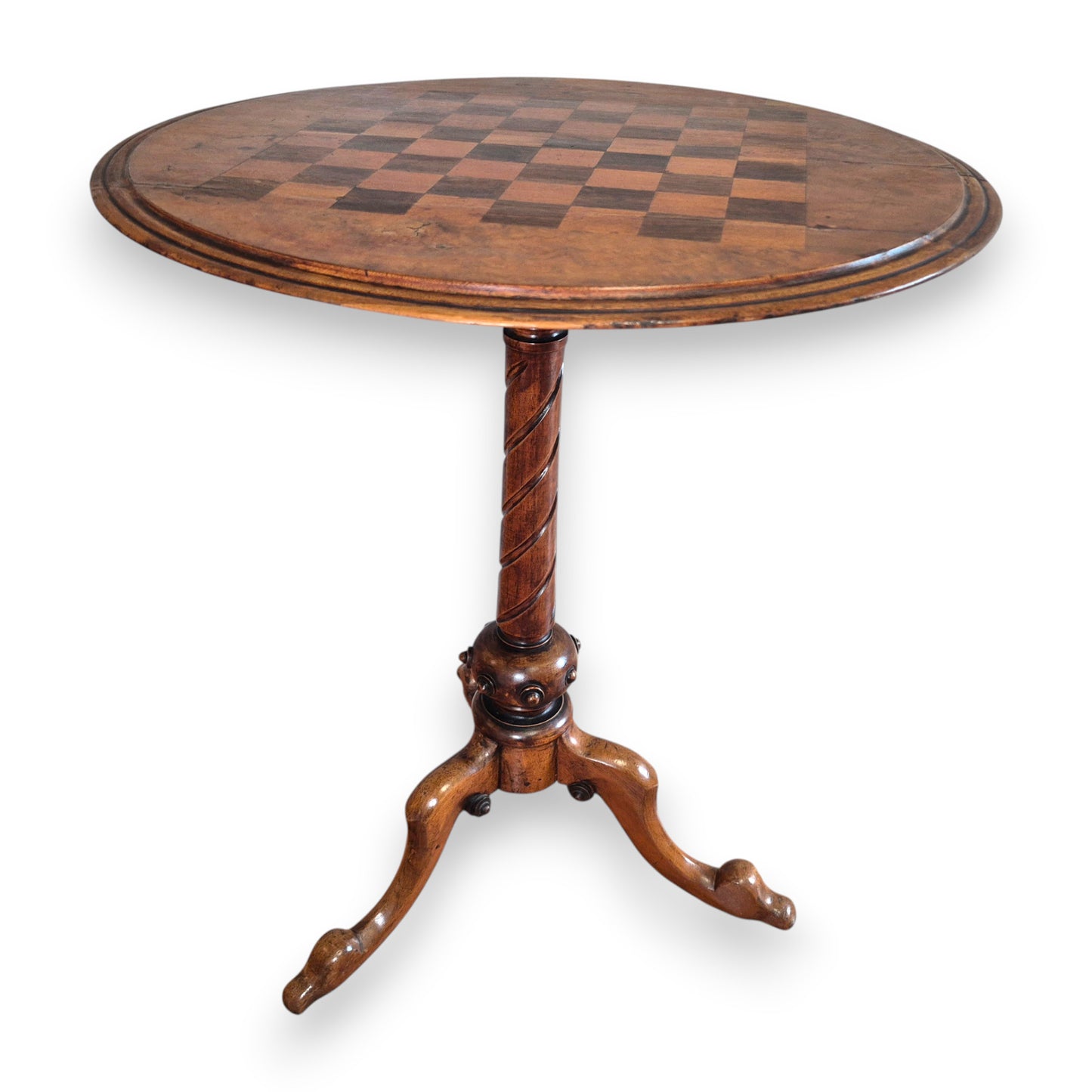 Vintage burr walnut chessboard table with carved details and polished finish