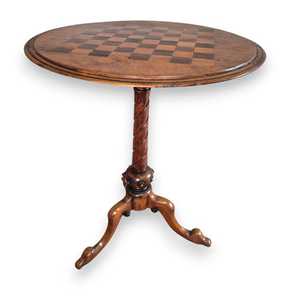 Vintage burr walnut chessboard table with carved details and polished finish