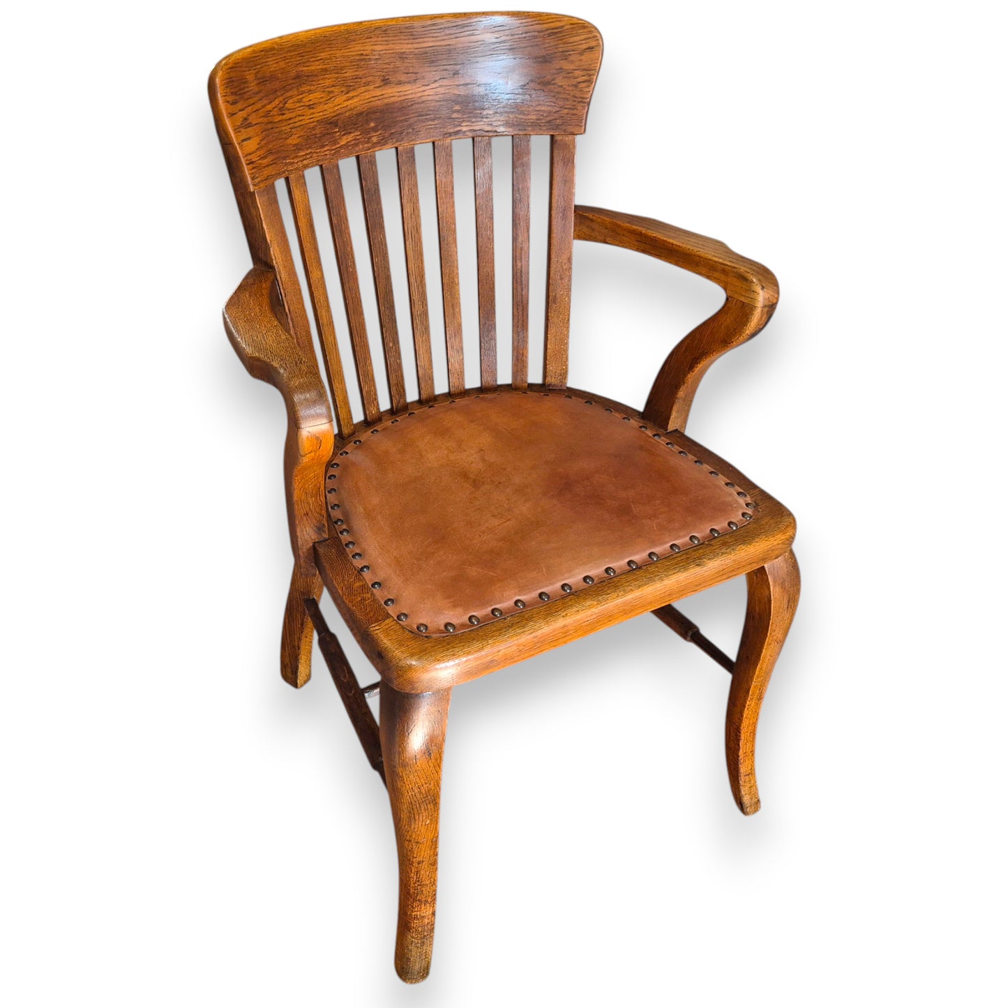 Antique Oak Captains Armchair with Leather Seat | Early 20th Century Desk Chair