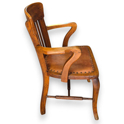 Antique Oak Captains Armchair with Leather Seat | Early 20th Century Desk Chair