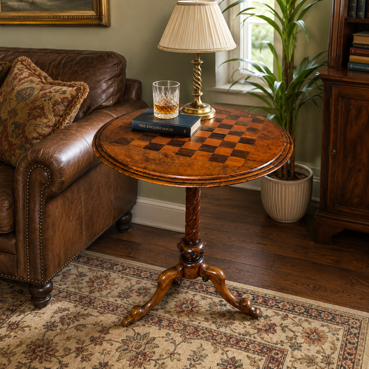 Antique occasional chess table styled in a traditional living room setting
