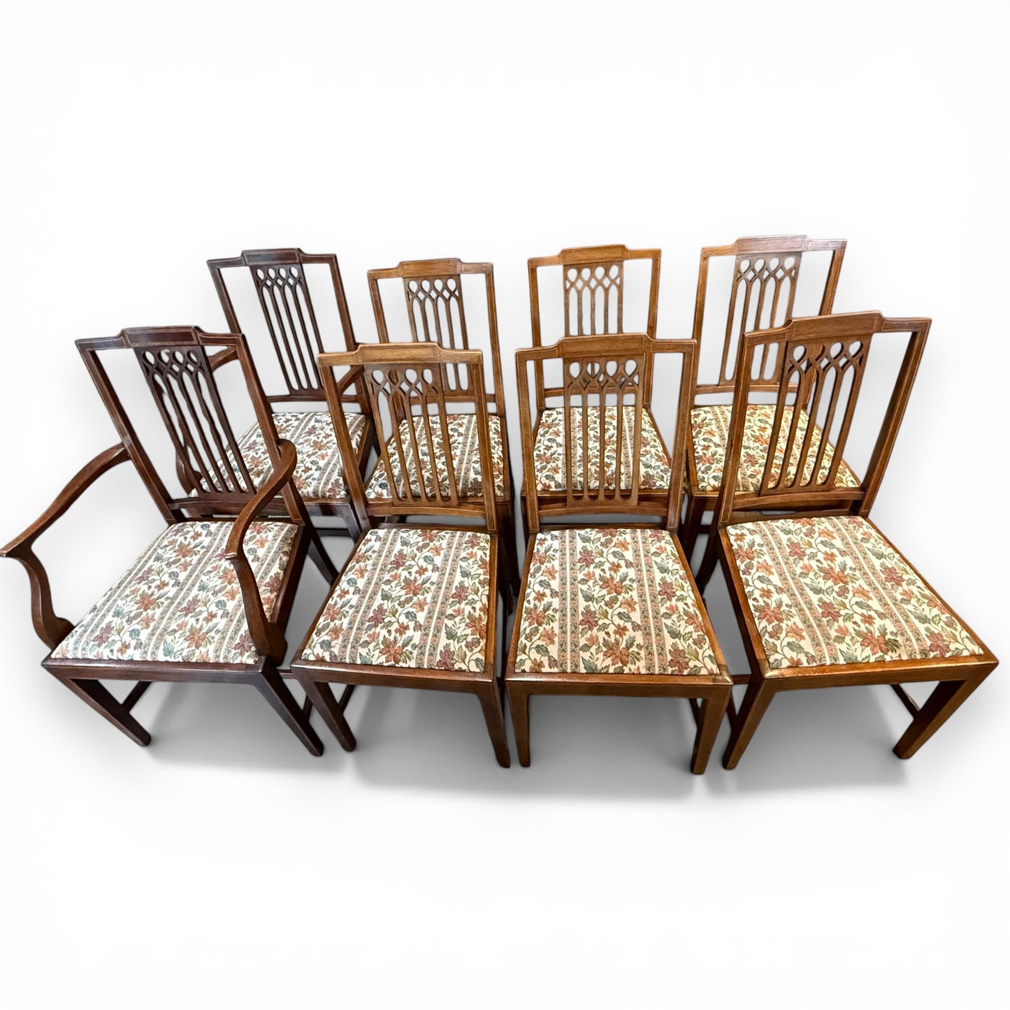 Set of eight Edwardian inlaid mahogany dining chairs with carvers front view