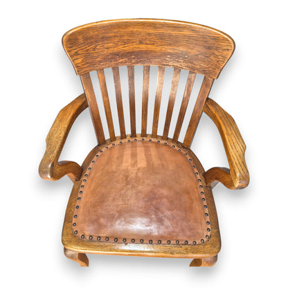Antique Oak Captains Armchair with Leather Seat | Early 20th Century Desk Chair