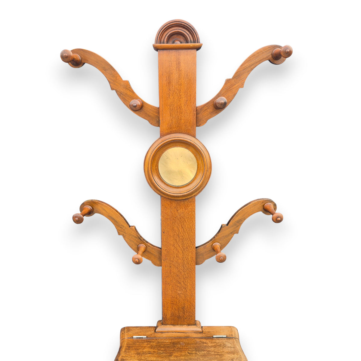 Turned wooden coat and hat hooks on antique Edwardian Arts and Crafts hall stand