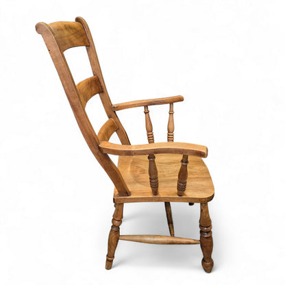 Side view of elm farmhouse ladder back armchair 