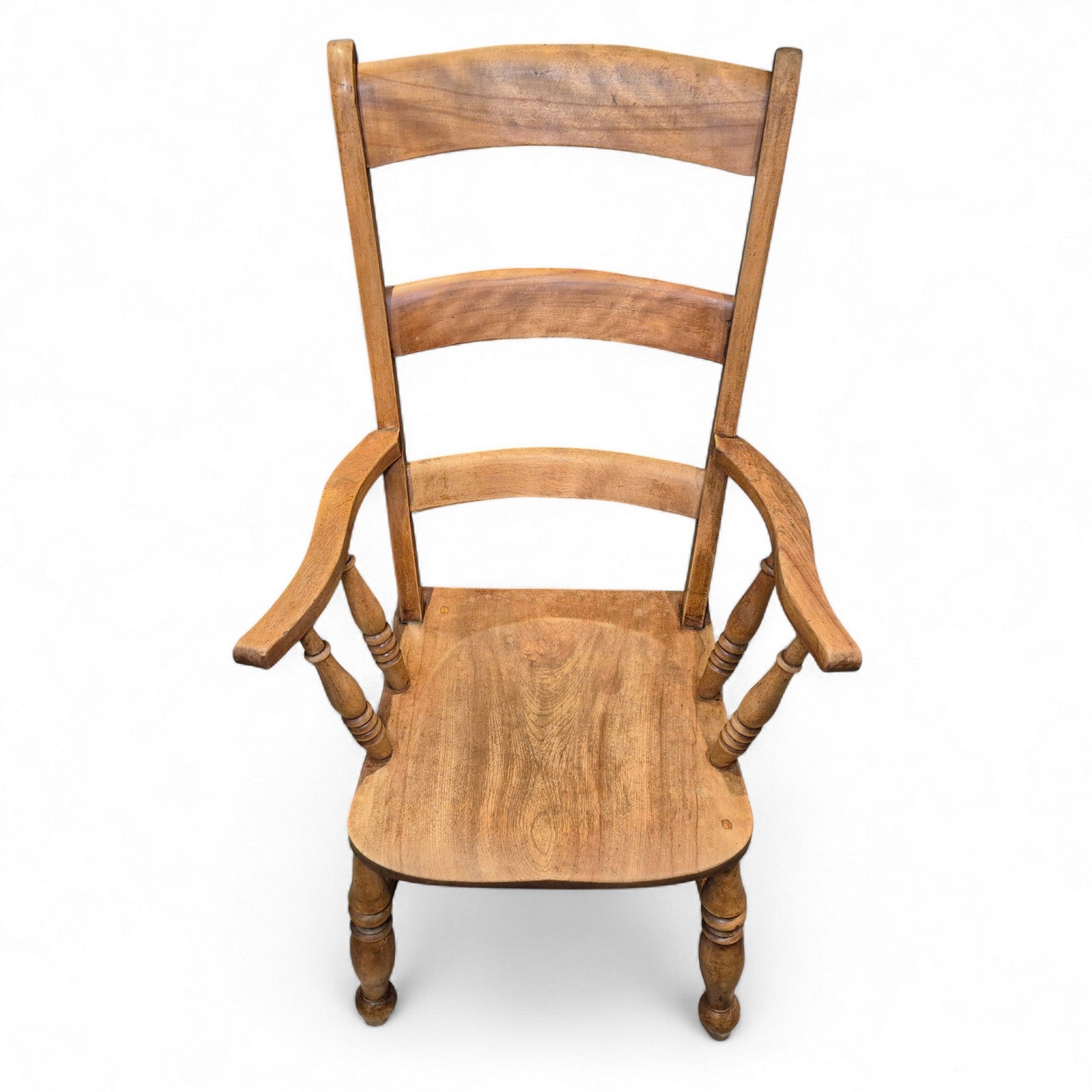 Front view of elm farmhouse armchair showing the seat