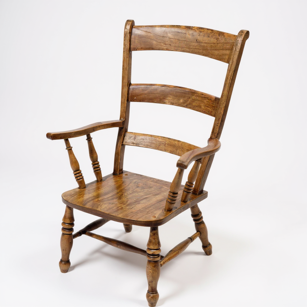 Antique 19th-century elm ladder-back armchair with shaped arms and turned legs