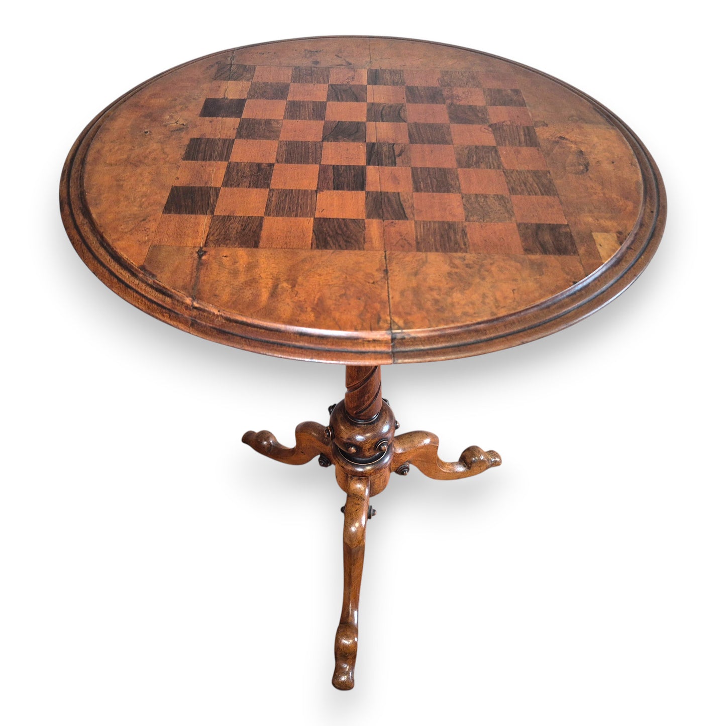 Victorian Edwardian games table with circular burr walnut chessboard surface