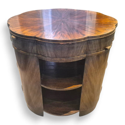 1930s Art Deco mahogany coffee table showing curved body and pull-out leaf detail