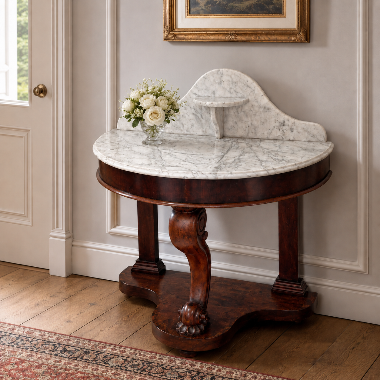 Antique mahogany hall console table with a semi-circular marble top and ornate carved support.