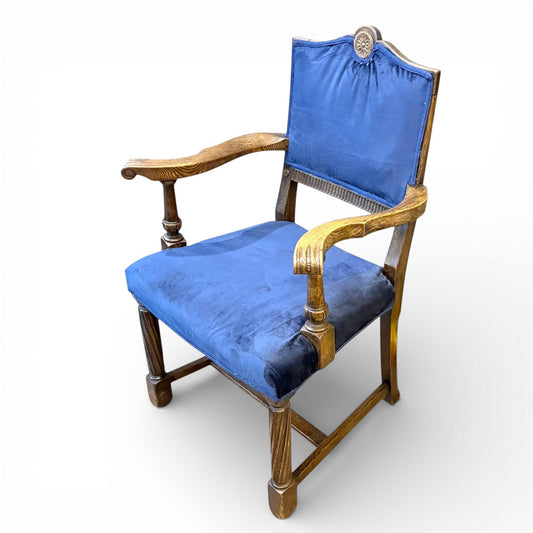 Antique Oak Armchair with Blue Velvet Upholstery
