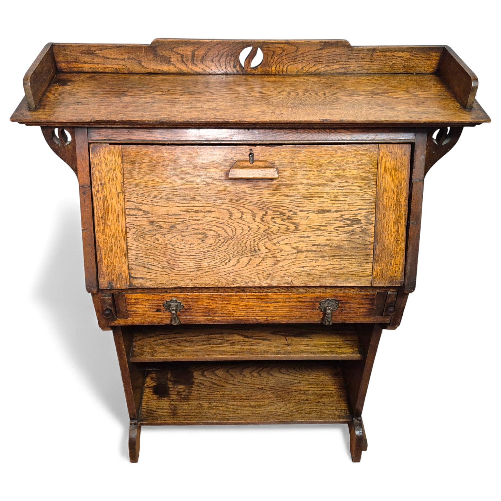 Antique solid oak Arts and Crafts bureau desk – front view showing drop-front and shelves