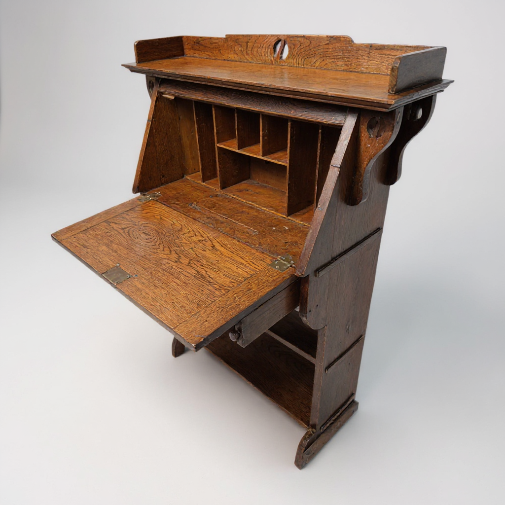 Oak bureau writing desk – drop-front open showing interior compartments