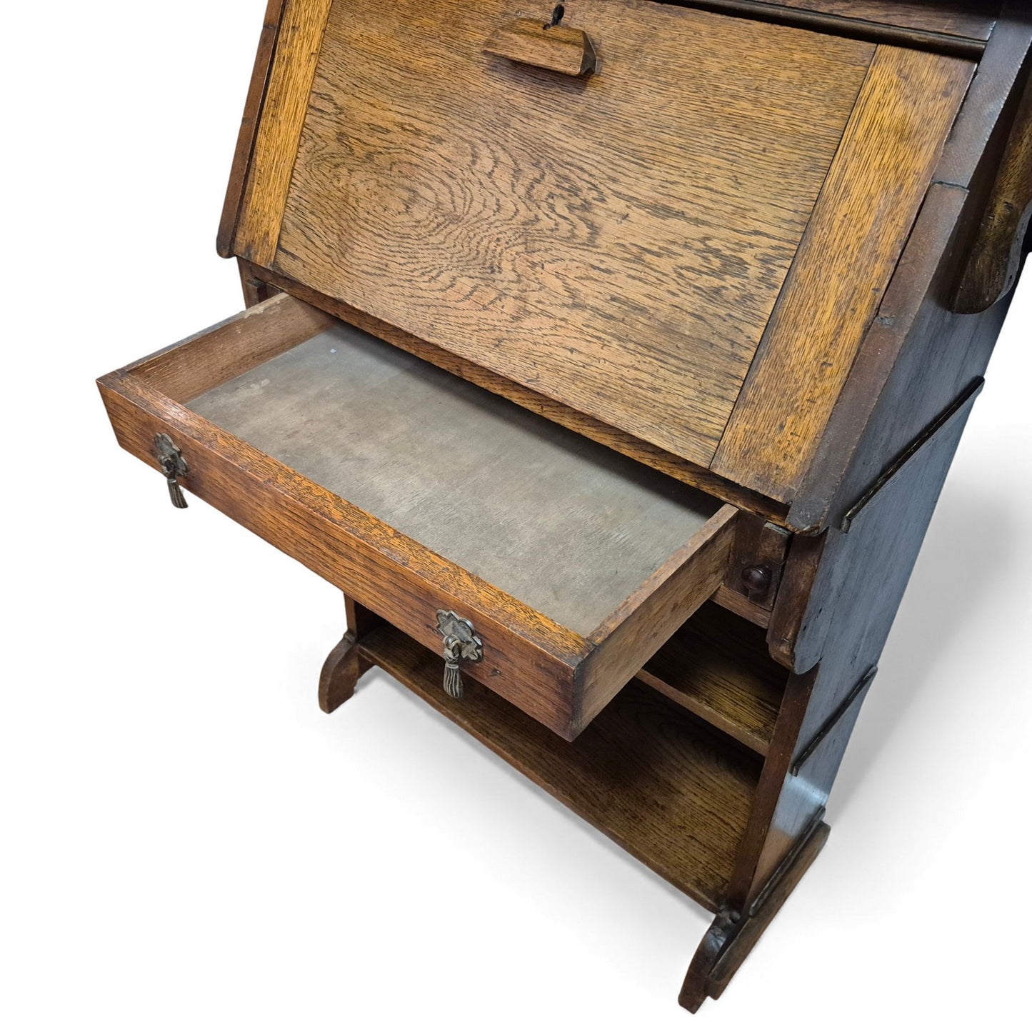 Oak bureau writing desk – drawer open showing interior