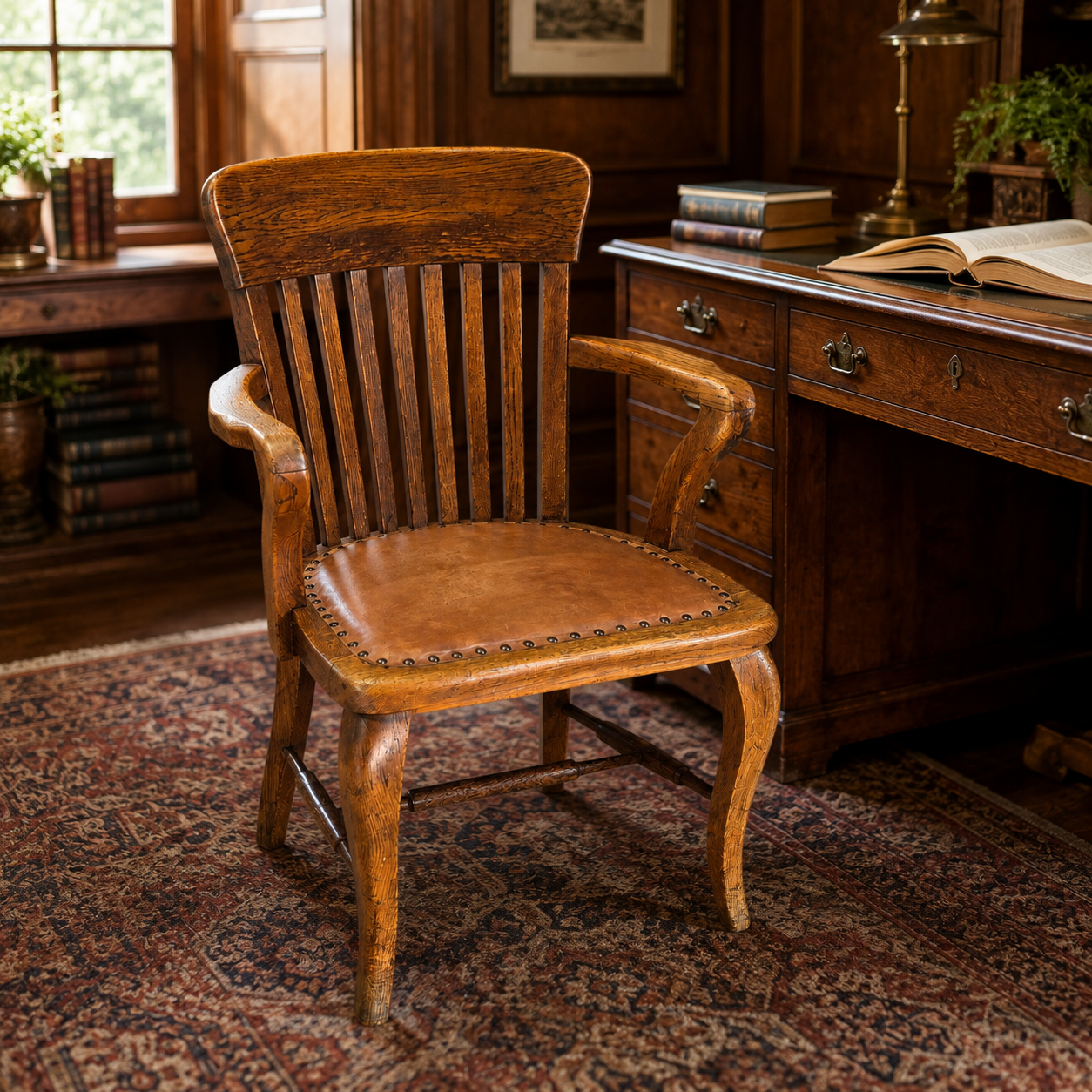 Antique Oak Captains Armchair with Leather Seat | Early 20th Century Desk Chair
