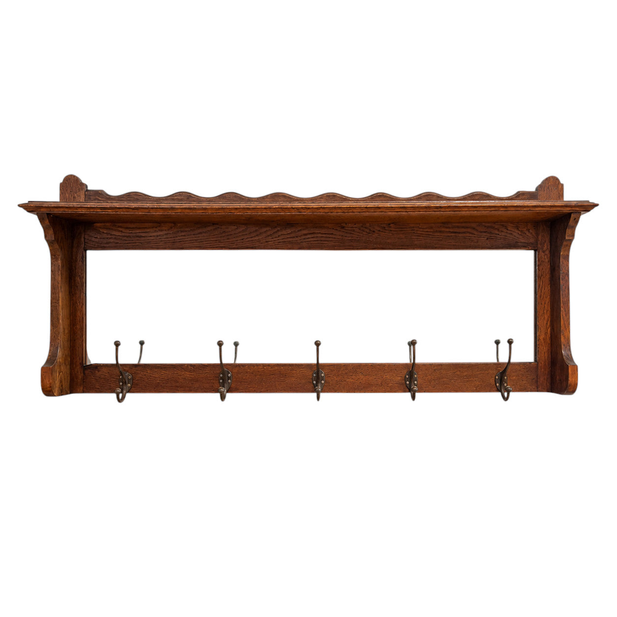 Antique oak wall mounted coat rack with mirror shelf and cast iron hooks