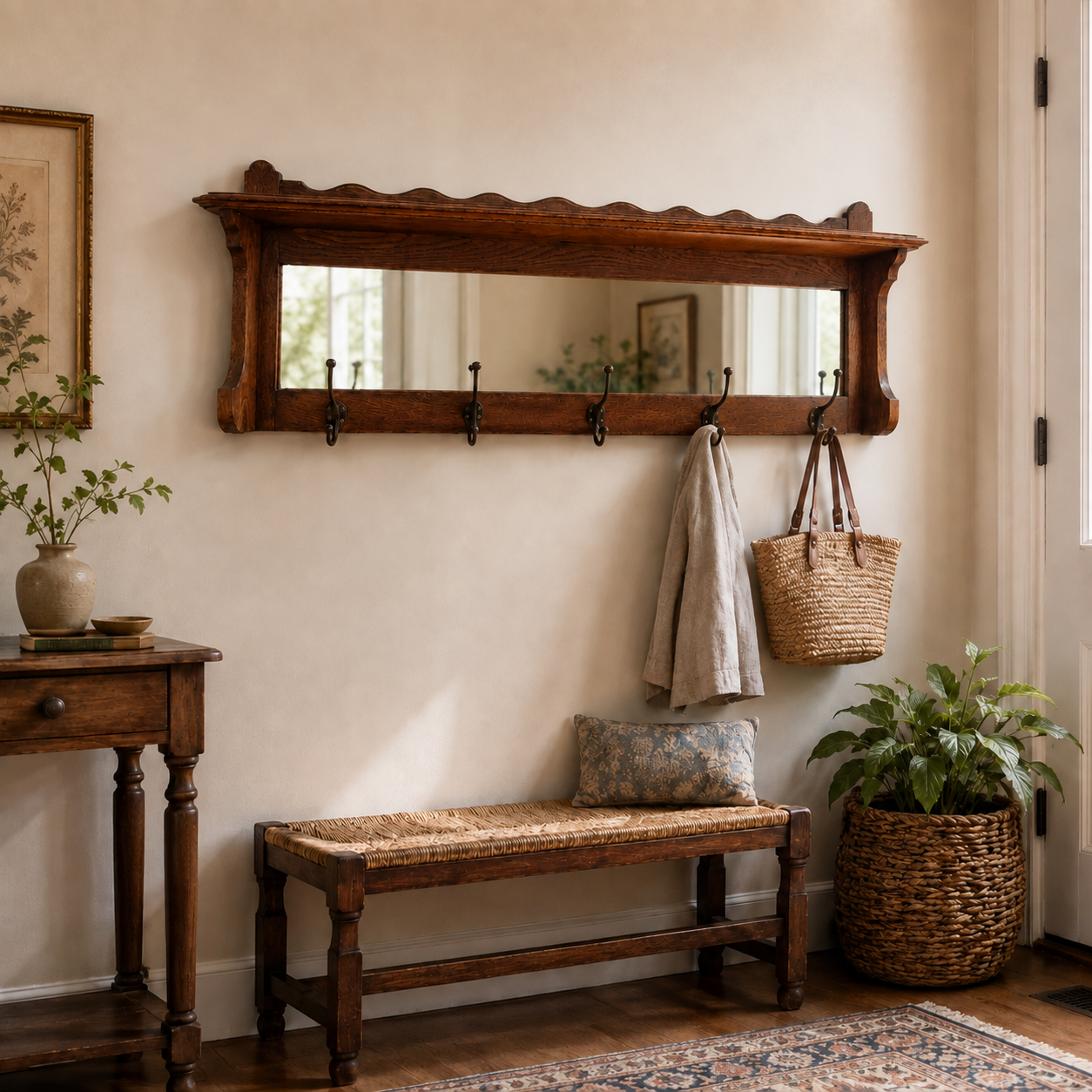 Antique oak wall mounted coat rack with mirror shelf and cast iron hooks staged in hallway