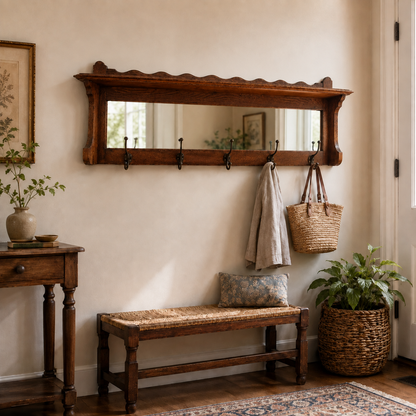 Antique oak wall mounted coat rack with mirror shelf and cast iron hooks staged in hallway