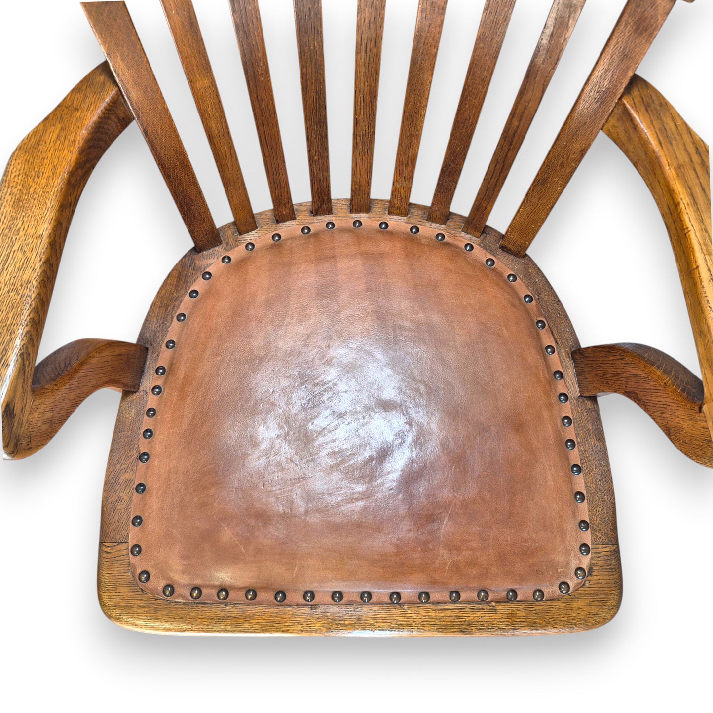 Antique Oak Captains Armchair with Leather Seat | Early 20th Century Desk Chair