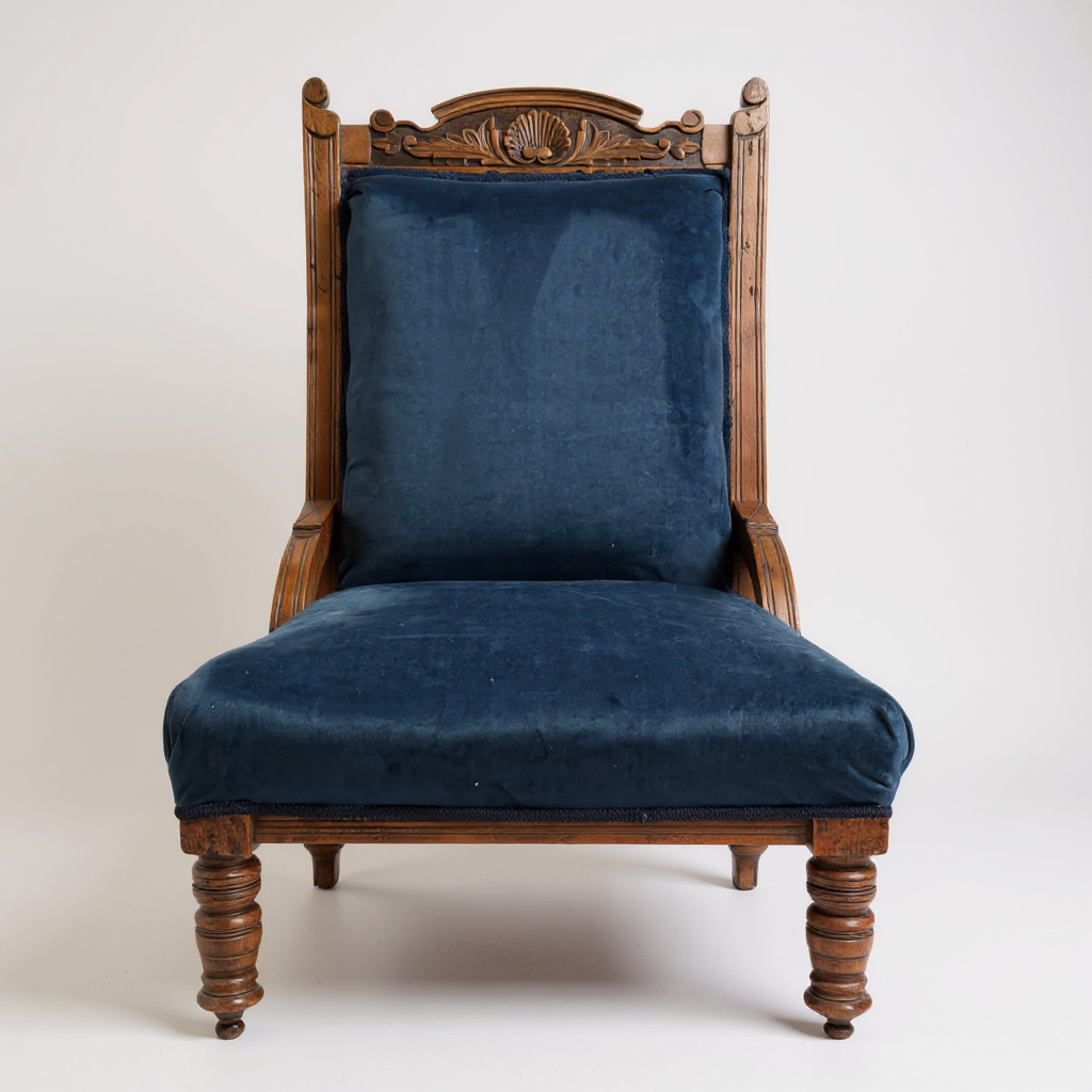 Antique Victorian oak nursing chair with carved backrest and blue upholstered seat