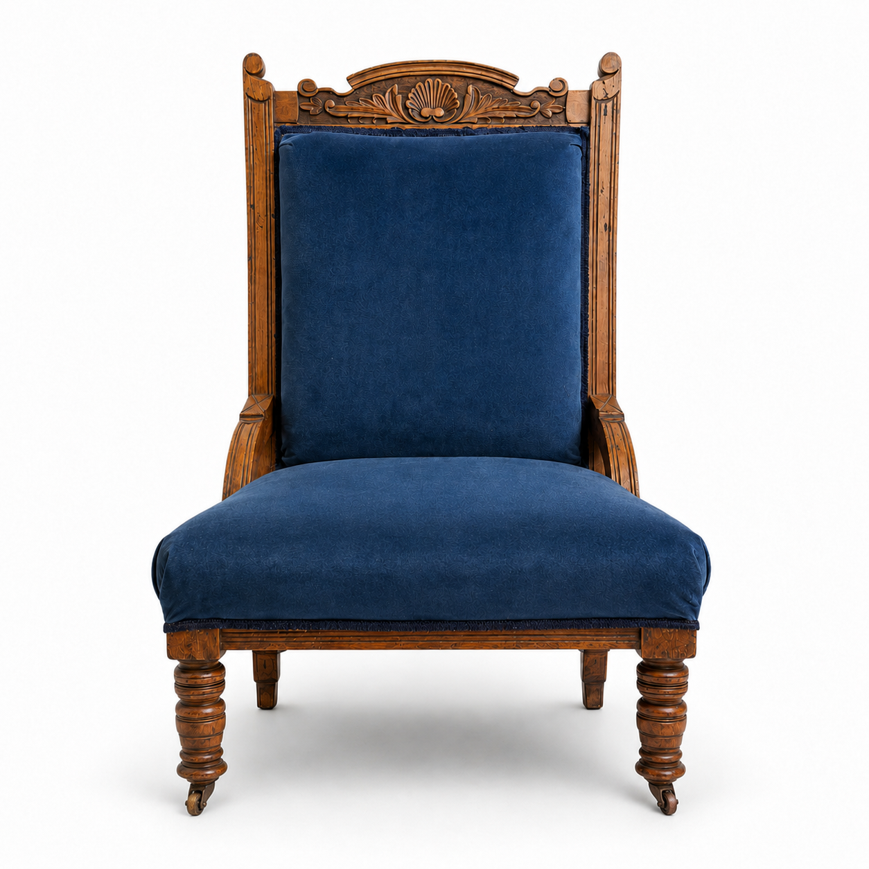 Antique Oak Nursing Chair – Carved Backrest – Upholstered Seat