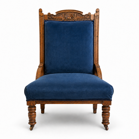 Antique Oak Nursing Chair – Carved Backrest – Upholstered Seat