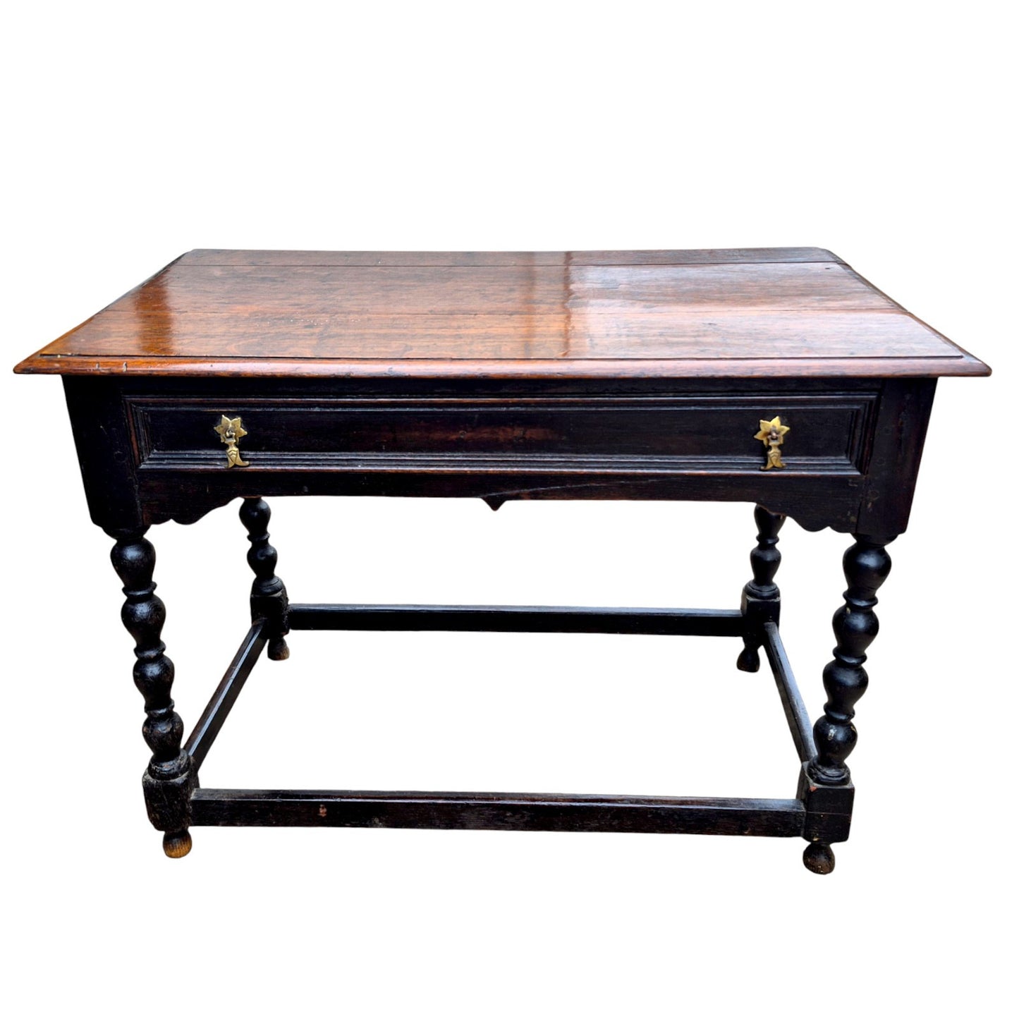 Antique oak side table with drawer and brass handles — 18th-century style English country furniture from Avego Antiques.
