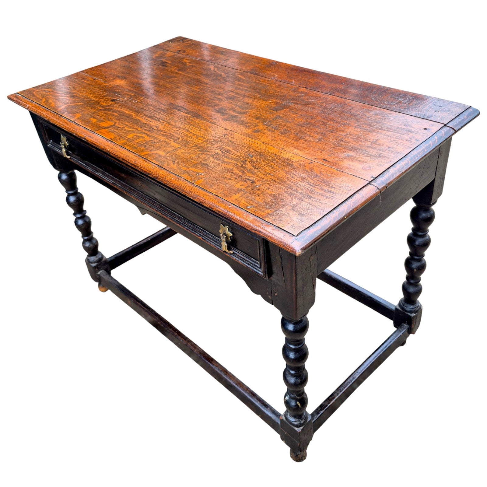 Antique oak side table with sturdy stretcher base — classic English craftsmanship.