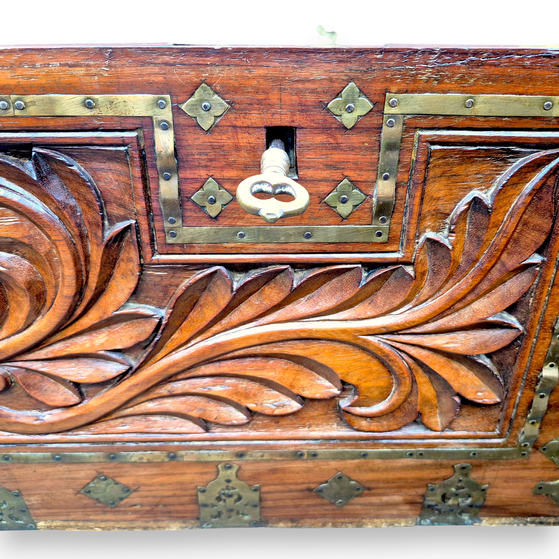 Carved foliate front panel on antique padouk storage chest