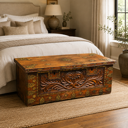 Antique padouk blanket box with carved front and decorative brass mounts staged in bedroom setting