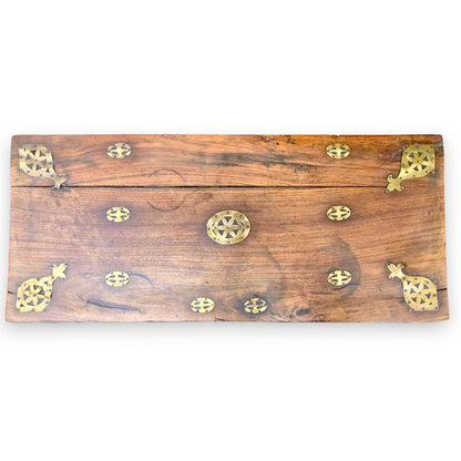 Antique padouk blanket box with decorative brass fittings, top view