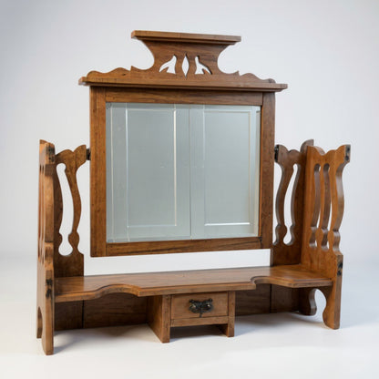 Rustic pine mirror – angled view highlighting warm patina and carved details