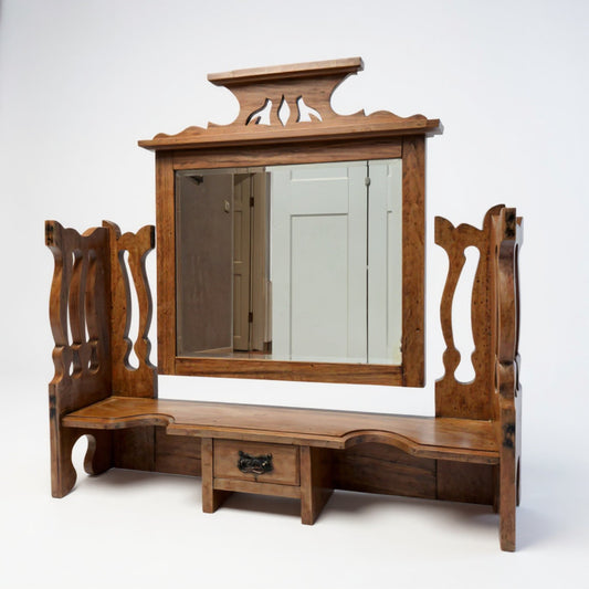 Antique pine dresser mirror – front view showing side panels and central drawer
