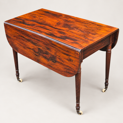 Antique Regency mahogany baby Pembroke table c.1820–1830 with drop leaves, reeded legs and brass castors