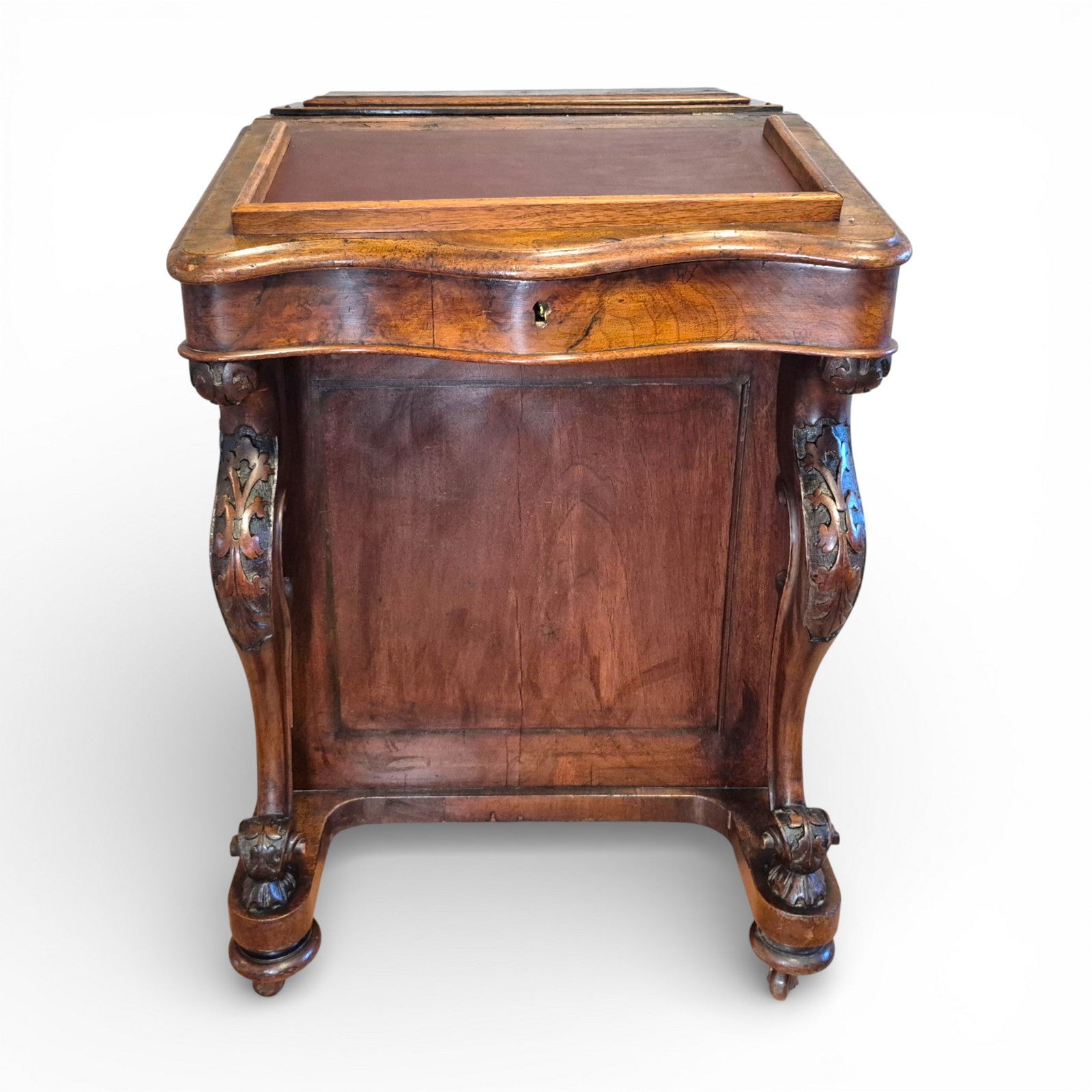 Front view of Antique Victorian burr walnut davenport writing desk with lift-up writing surface