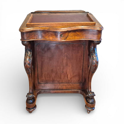 Front view of Antique Victorian burr walnut davenport writing desk with lift-up writing surface